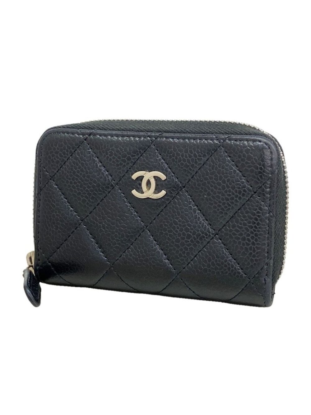 Chanel Coin Purse Quilted Caviar Leather Black Silver
